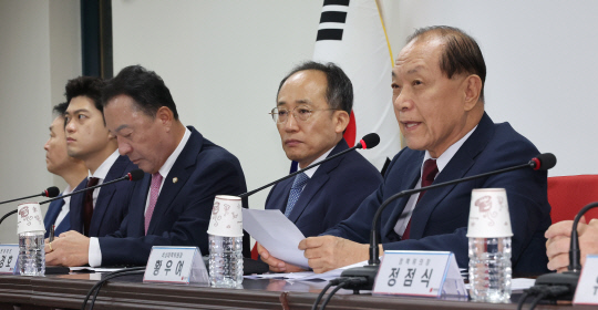 황우여 국민의힘 비상대책위원장(오른쪽)이 8일 오전 서울 여의도 당사에서 열린 비상대책위원회의에서 발언하고 있다. 연합뉴스